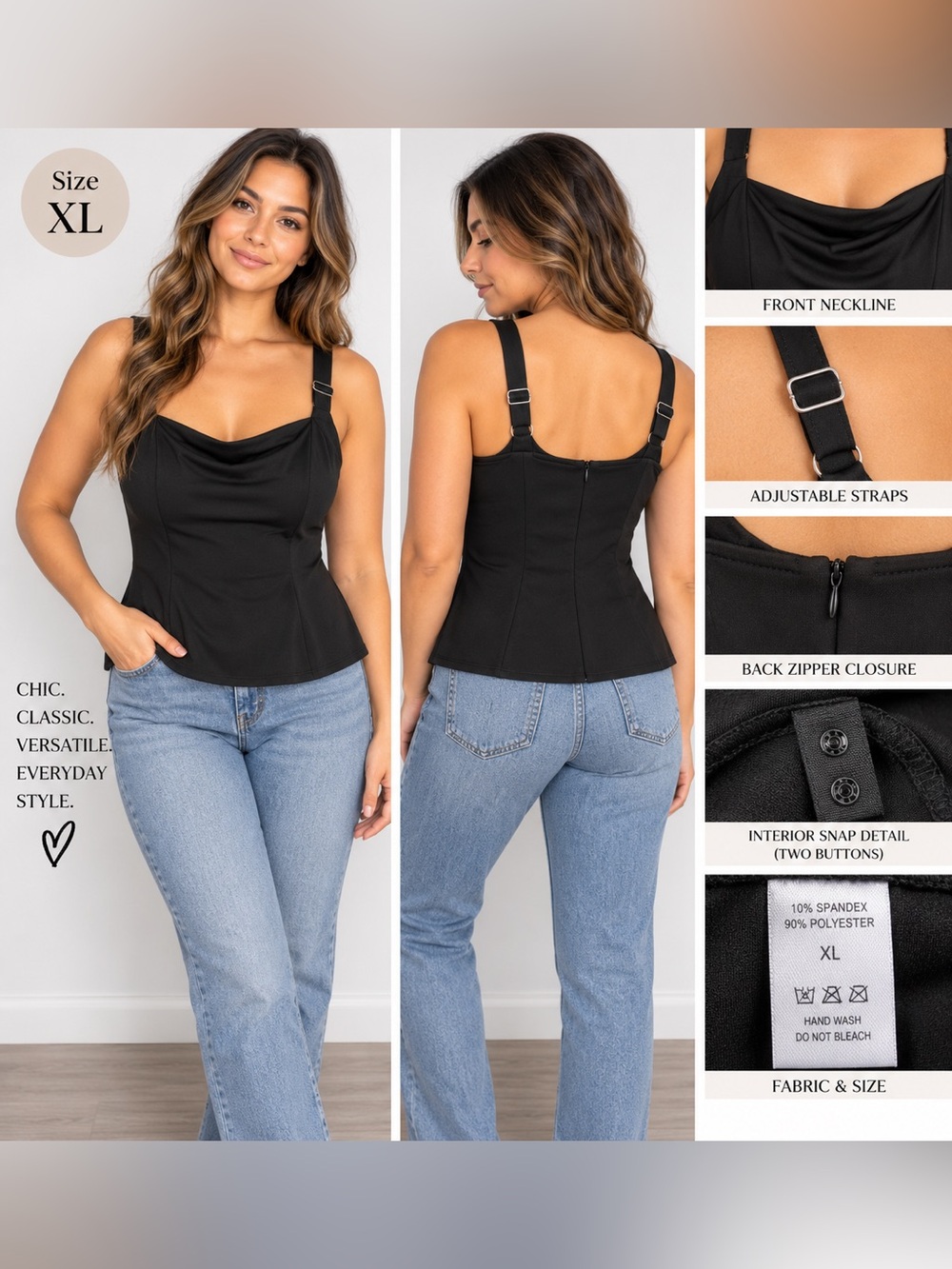 H&M Black Peplum Cowl-Neck Camisole with Adjustable Straps